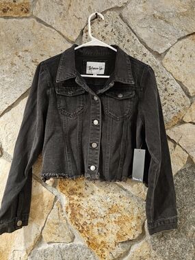 Between Us Black Cropped Denim Jacket with Frayed Hem